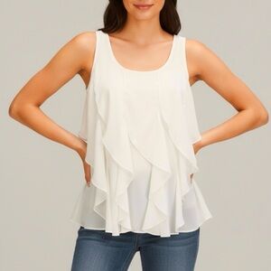 NWT Spense Tank Top Ivory Ruffle Sleeveless M Lunch Brunch Party Work Chic Glam